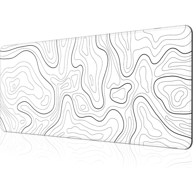 Topographic Gaming Mouse Pad - Large 31.5x11.8 Inch Keyboard Pad, Non-Slip Base, Stitched Edge, Extended Desk Pad XL Keyboard Desk Mat, White