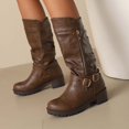 thumbnail image 4 of Platform Buckle Motorcycle Riding Boots for Women with Side Zipper Winter Fall Slouchy Leather Wide Mid Calf Tall Boots, 4 of 6