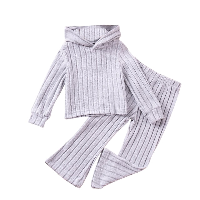 ZACPNCV Toddler Girl Fall Clothes Set Long Sleeve Ribbed Knit Tops Pants Set Solid Color 2-Piece Outfit for Kids Gray 1-2 Years