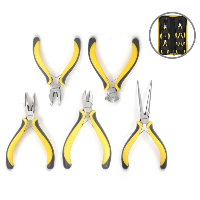 WorkPro Ensemble de Mini Pinces avec Pochette - 5 Pcs Comprenant Cinq Mini Pinces avec Poignées TPR Antidérapantes Jaunes et Noires, Y Compris une Pince Diagonale, une Pince à Long Nez, une Pince à Aiguille, une Pince d'Extrémité et une Pince de Ligne Forgée en Acier à Haute Teneur en Carbone, Affichées sur un Fond Blanc avec un Insert de Pochette de Rangement à Fermeture Éclair Noire, Idéal pour l'Amélioration de la Maison et l'Utilisation DIY.
