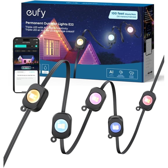 eufy Lumières Extérieures Permanentes E22, 100 Pi avec 60 Lumières à Triple DEL, Intelligentes RVBWW, Quotidiennes et des Fêtes, Étanches jusqu'à IP67, Éclairage IA, Se Connecte aux Caméras, Noir