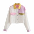 thumbnail image 4 of Women Cropped Denim Jacket Patchwork Button Down Shirt Shacket Casual Coat with Pocket, 4 of 7