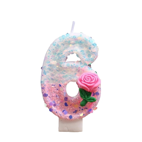Bougie Chiffre Rose, Bougie de 6e Anniversaire Mignonne Rose Pailletée Chiffre 6 Bougies Décoration de Dessus de Gâteau Bougie Joyeux Anniversaire pour Femmes Célébrations d'Anniversaire Fournitures de Fête, Fleur E Chiffre 6