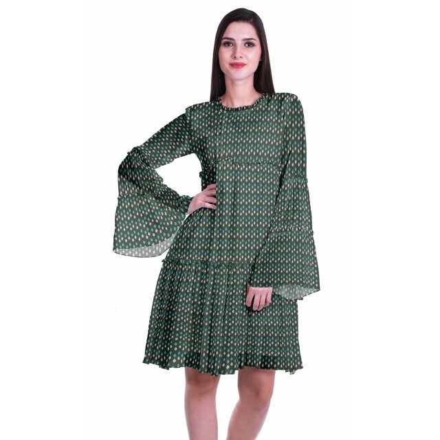 Moomaya Robe d'Été Fluide à Manches Longues Imprimée pour Femmes, Longueur Genou, Évasée