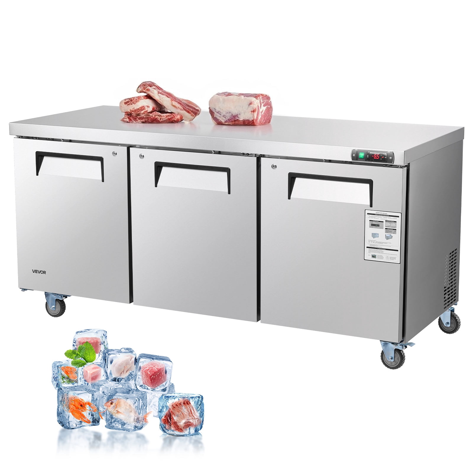 VEVOR Commercial Freezer Prep Table Stainless Steel 72 inch Triple Door