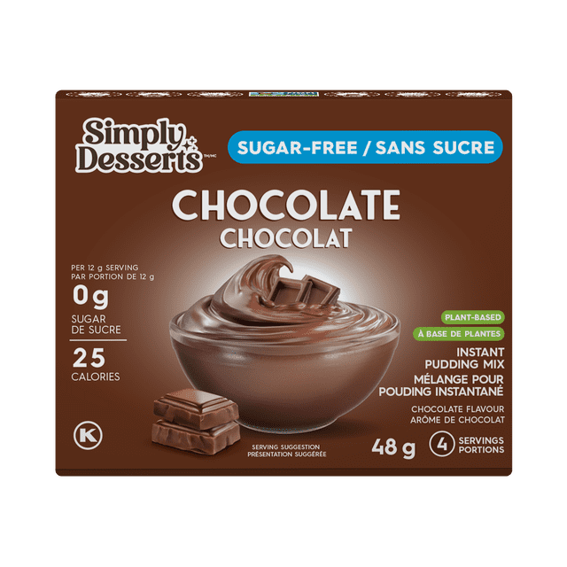 Simply Desserts - Pudding au Chocolat, Mélange Instantané de Pudding Sans Sucre de 48 g dans une Boîte Brune Comprenant un Bol de Pudding au Chocolat Onctueux Garni d'Un Morceau de Chocolat et de Deux Carrés de Chocolat Empilés, à Base de Plantes, Végétalien, Sans Gluten et Faible en Glucides avec 0 g de Sucre et 25 calories par Portion de 12 g, Convient aux options de dessert Sans Culpabilité.