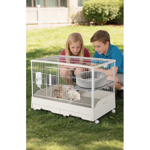 EDTara Large Small Animal Cage, 33 in x 22 in x 26 in Rabbit Hutch With 2 Removable Trays, Ramp, 6 Wheels, Water Bottle and Hay Feeder for Indoor and Outdoor Pet Care