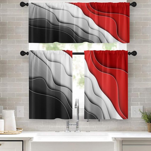 36 Rideaux de Cuisine Abstraits Noir Blanc et Rouge Ensemble de 3 Rideaux de Fenêtre et Cantonnières Fond d'Art Moderne Court Rideau Vintage Petit Décor de Cuisine