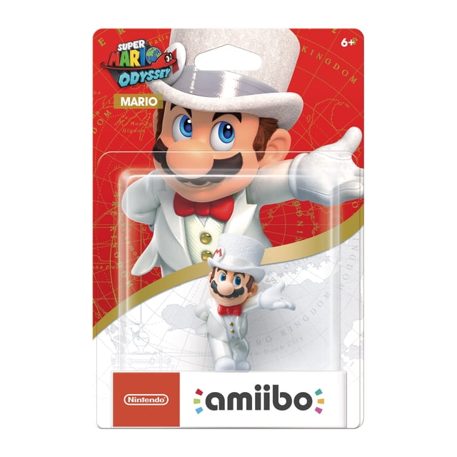 amiibo™ - Mario (Tenue de Mariage) Mettant en Vedette Mario en Smoking Blanc avec Boutons Dorés et Nœud Papillon Rouge, Portant un Haut-de-Forme Blanc avec un Emblème « m » Rouge, Posé avec un Bras Allongé. Emballé avec la Marque Super Mario Odyssey sur un Arrière-Plan de Carte Rouge et Blanc, compatible avec Nintendo Switch pour Débloquer des extras en Jeu.