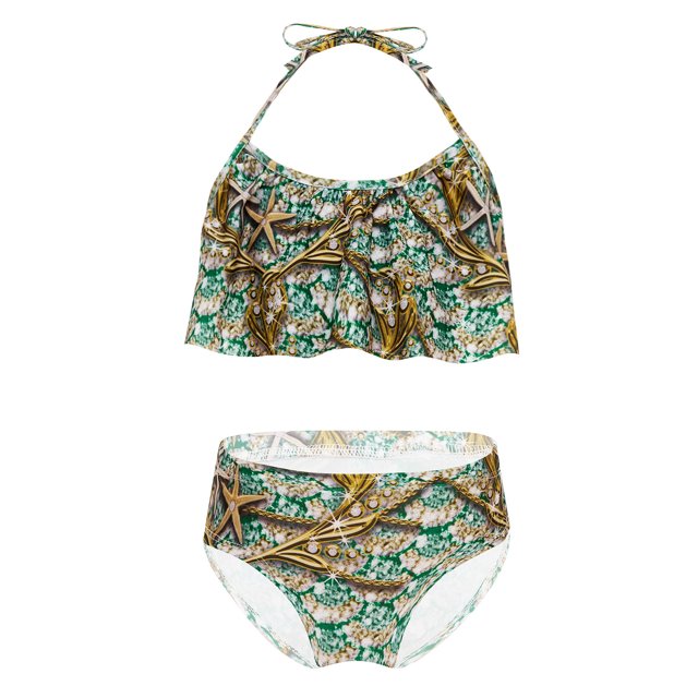TiaoBug Girls 2 Pcs Mermaid Bikini Sets Shiny Halter Ruffles Crop Top with Triangle Brief Bathing Suit Tankini Dark Green A 130