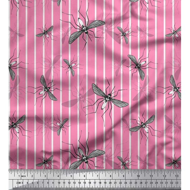 Soimoi Pink Rayon Fabric Stripe & Mosquito Insects Print Sewing Fabric Yard 56 Inch Wide