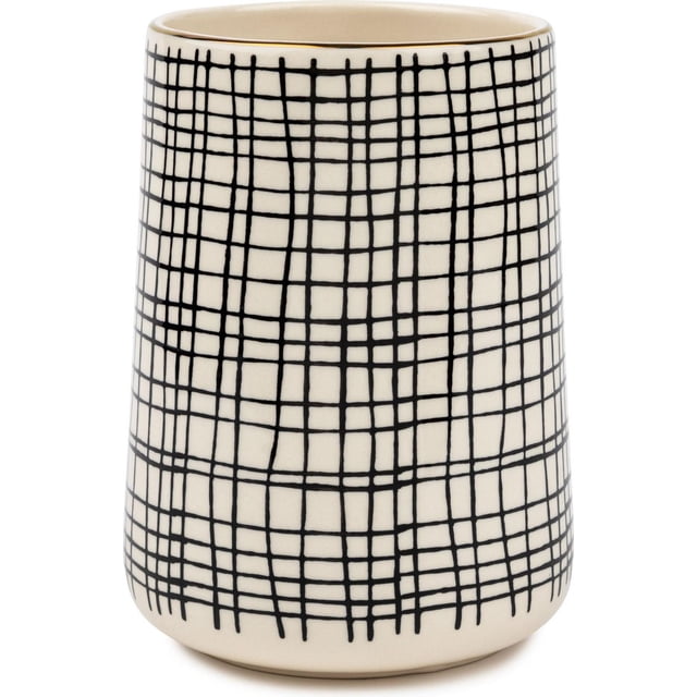 Thyme & Table Ceramic Utensil Holder, Cross Grid, front-facing cylindrical stoneware utensil holder with a cream base and irregular black cross grid pattern, ideal for kitchenware organization and storing wooden spoons, spatulas, and tongs within reach.