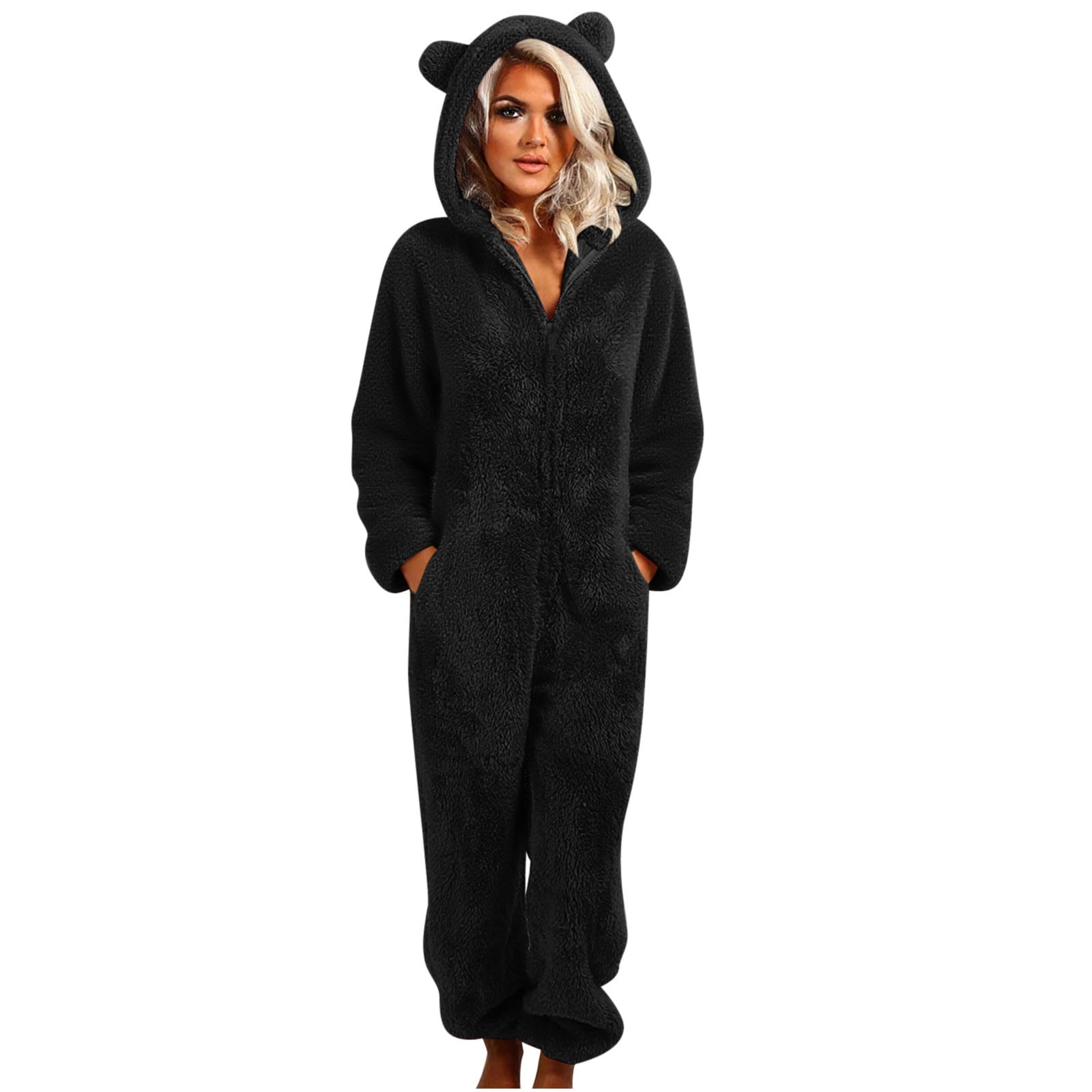 Women's Fuzzy Fleece Onesie Jumpsuit – Hooded Zip-Up Sherpa Romper