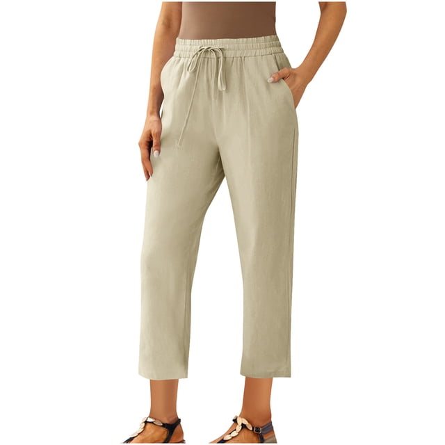 Yuyuzo Plus Size Cotton Linen Capri Pants for Women Drawstring High Waisted Summer Cropped Trousers