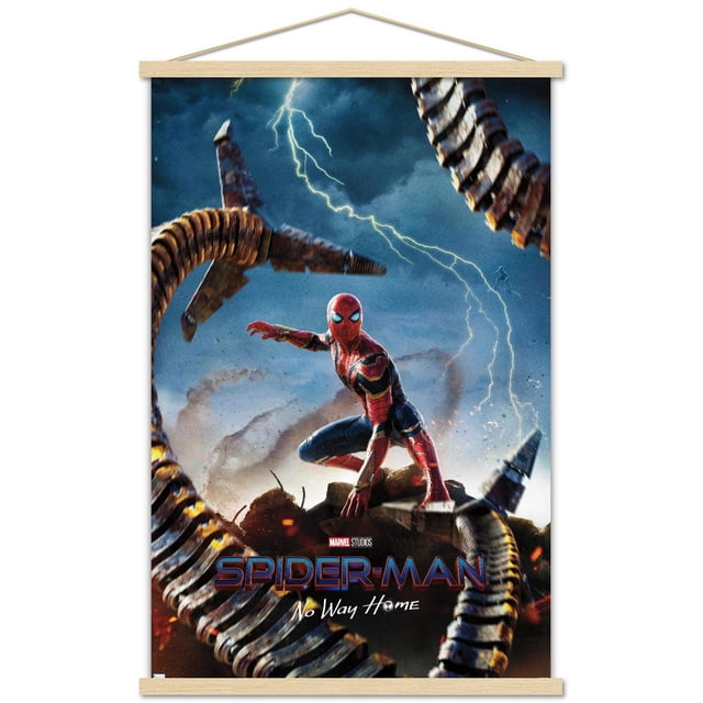 Marvel Spider-Man: No Way Home - Teaser Wall Poster depicting Spider-Man in red and blue suit crouching on rocky terrain surrounded by mechanical tentacles under a stormy sky with lightning, sized 22.375" x 34" for home wall decor.