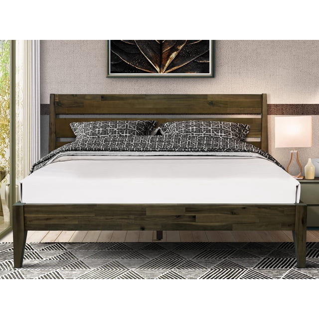 Acacia Emery Bed Frame with Headboard Solid Wood Platform Bed, Queen Size Bed Frame, Unique Design Contemporary Signature Wood Bed Compatible with All Mattresses, Non-Slip and Noise-Free, Mocha