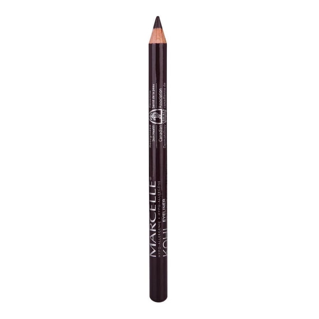 Marcelle Kohl Eyeliner - Eye -Brightening Beige pencil with a sharpened tip and dark brown wooden body, featuring white printed branding. This hypoallergenic eyeliner glides smoothly for intense, long-lasting coverage on the waterline, suitable for sensitive eyes and contact lens wearers.
