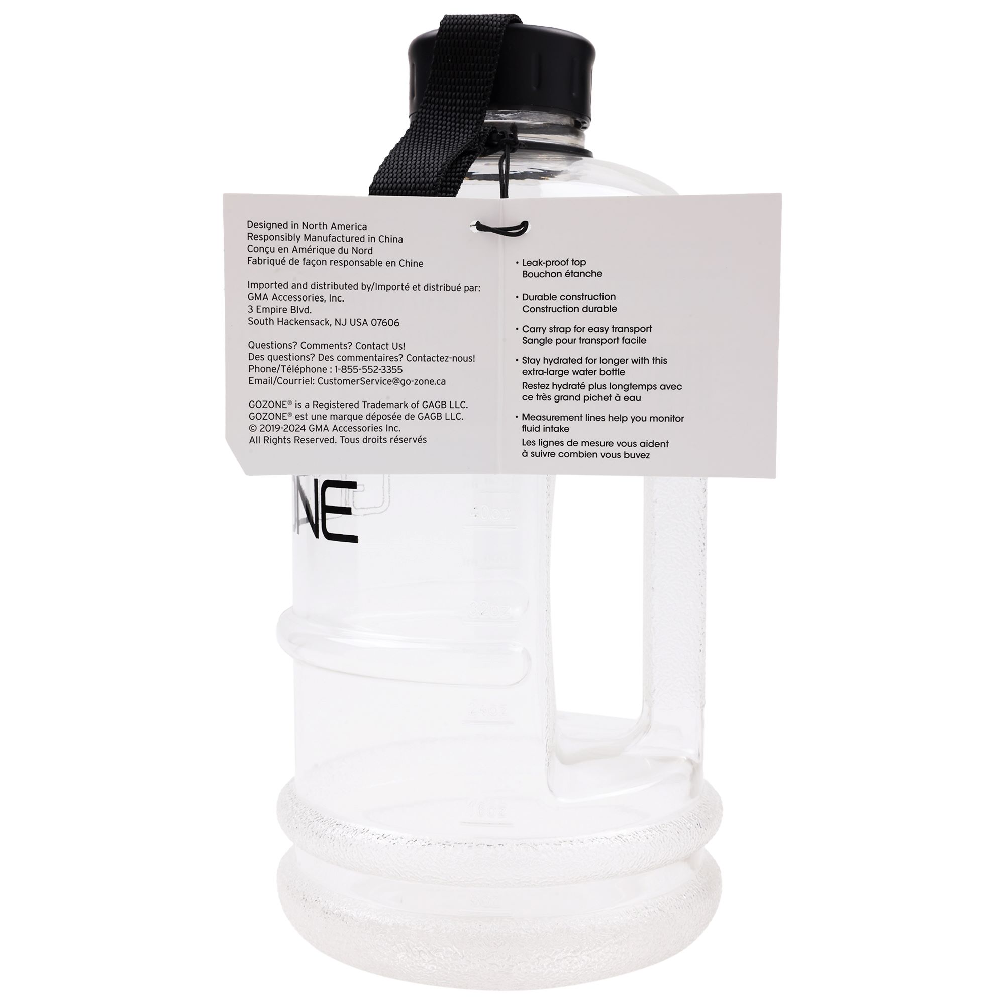 GoZone Pichet à Bouteille d'eau, Pichet à eau de Sport d'un Demi-gallon avec Poignée de Transport, Transparent, 64 oz