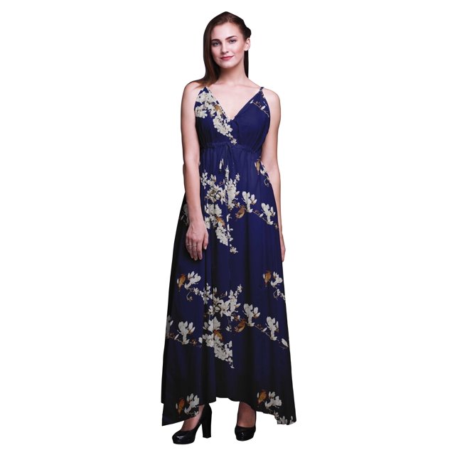Bimba Bird Ladies Printed Resort Maxi DrawstringDressSpaghetti Strap Beach Wear-Small