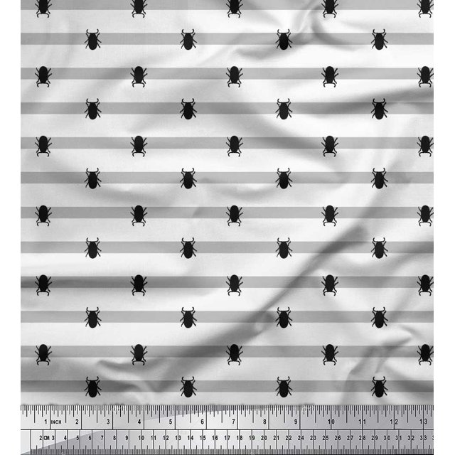Soimoi White Crepe Silk Fabric Stripe & Beetles Insects Fabric Prints By Yard 42 Inch Wide