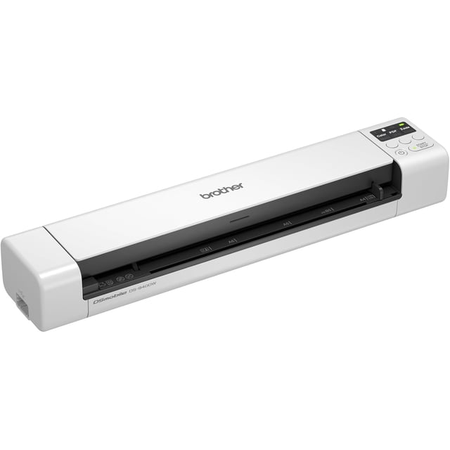 Brother DS-940DW Numériseur de Documents Mobile Compact Recto Verso et Sans Fil avec Corps Rectangulaire Blanc Mince, Fente de Numérisation Noire et Panneau de Commande Doté de Boutons de Numérisation Couleur, PDF et Recto Verso sur 2 Côtés. Il Offre une Numérisation Recto Verso en une Seule Passe et une Connectivité Sans Fil, Idéal pour une Utilisation Mobile et au Petit Bureau.