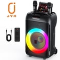 thumbnail image 1 of JYX Bluetooth Speaker, 12'' Subwoofer, Portable Party Speaker with Wheels,  Deep Bass,  PA System with 2 Wireless Mics for Party, 1 of 10