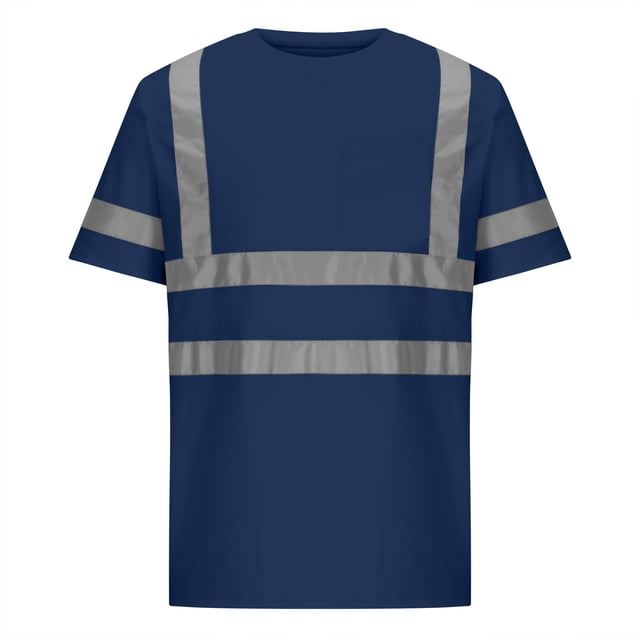 EGNMCR Haut Décontracté Ample pour Homme à Poche Unique avec Bande Réfléchissante, Col Rond, Manches Courtes, Respirant, Couleur Bleu Marine. le Chandail Présente des Bandes Réfléchissantes sur la Poitrine, les Épaules et les Manches pour une Visibilité Accrue. Il a une Encolure Ronde, une Poche Poitrine Simple et des Manches Courtes. Fabriqué en polyester Léger, Il Est Conçu pour le Confort et le Port Décontracté, Convient au Travail Ou aux Activités de Plein Air en Toutes Saisons.