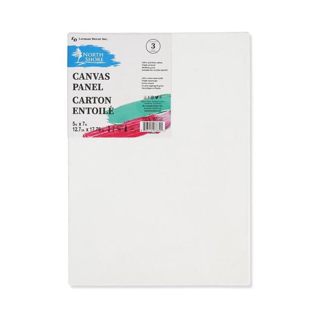 North Shore's canvas panel 5x7 inches with 100% cotton medium grain texture, triple gesso primed for acrylic and oil paints, shown front-facing with a white surface and label; suitable for painting, sketching, and collage on a rigid paperboard backing.