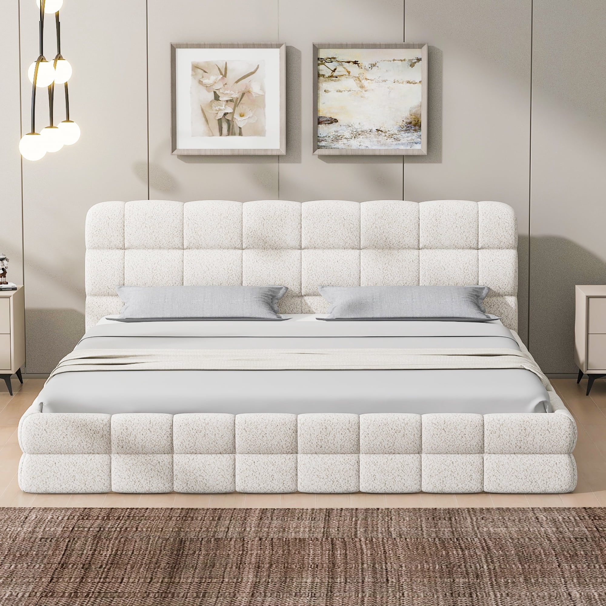 Euroco Upholstered Queen Size Platform Bed with Tuft Headboard, White