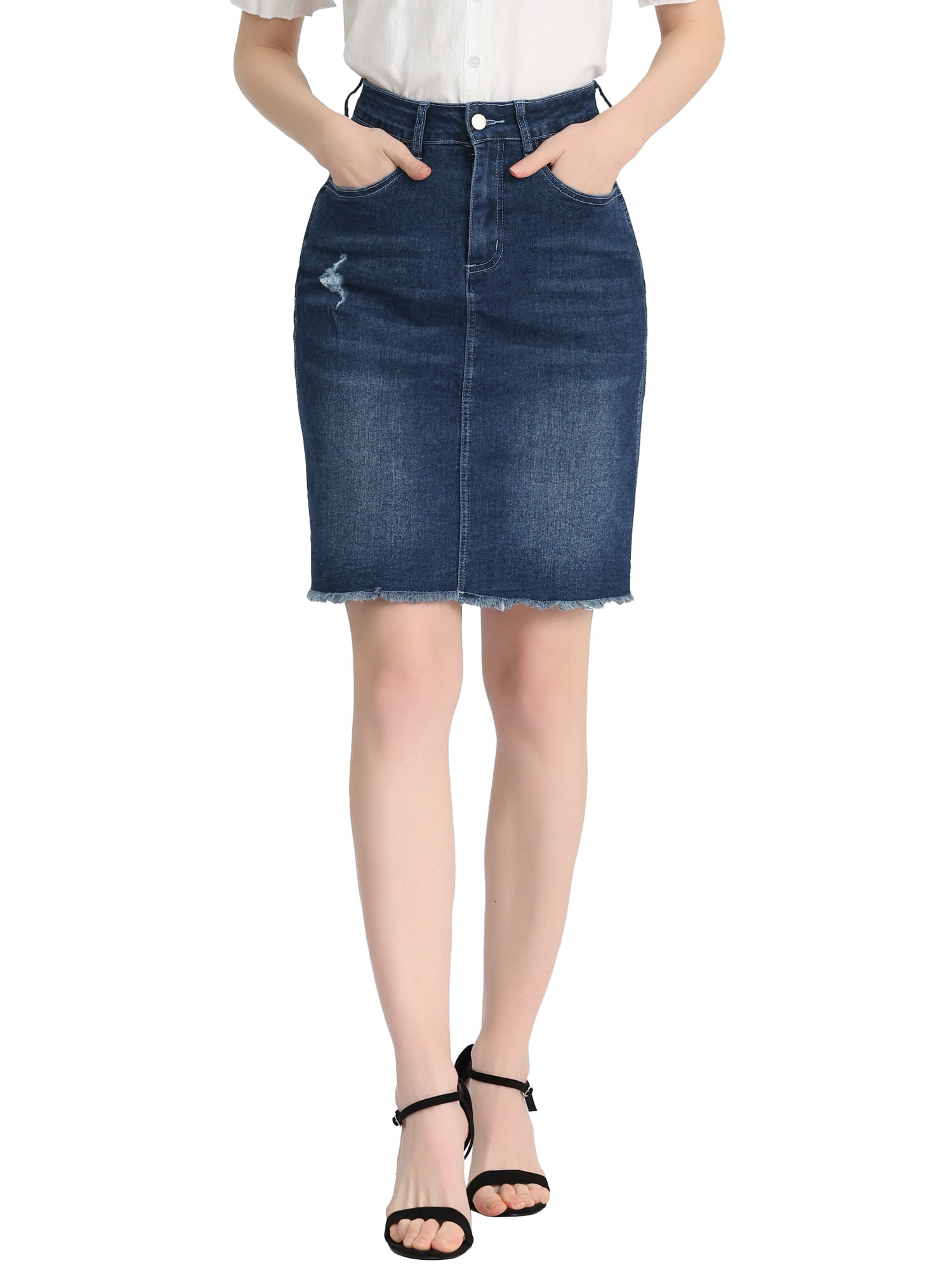 Unique Bargains Women's Distressed Ripped Hem Washed Denim Skirt, Deep Blue, XS