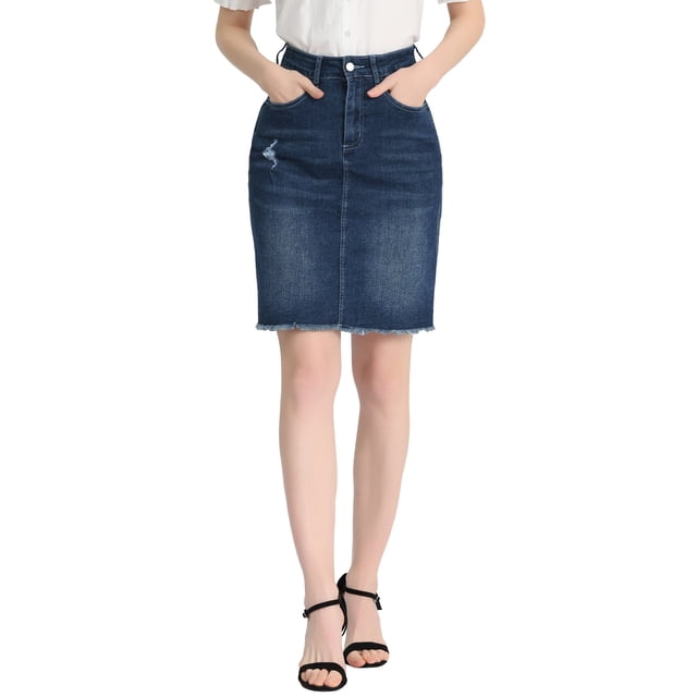 Unique Bargains Jupe en Denim pour Femme à Ourlet Usé et Déchiré, Bleu Foncé, L