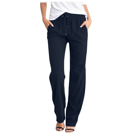 LLYwey on Sale Womens Pants Trendy Ladies Casual Slim High Elastic Waist Color Sports and Linen Pants New Full Length Pants Trousers Regular Fitted Navy XL