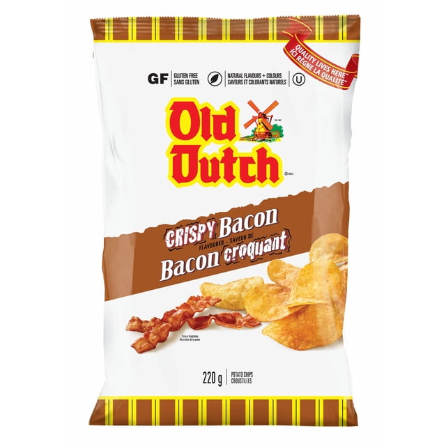 Old Dutch Sac de Croustilles de Pommes de Terre Saveur Bacon Croustillant avec Emballage Blanc et Brun Mettant en Vedette le logo Old Dutch, des images de Lanières de Bacon Croustillant et de Croustilles Dorées, Sans gluten et Fait avec des Arômes et des Couleurs Naturels. la Collation de 220 g Est Idéale pour les Amateurs Savoureux de Croustilles au Canada.