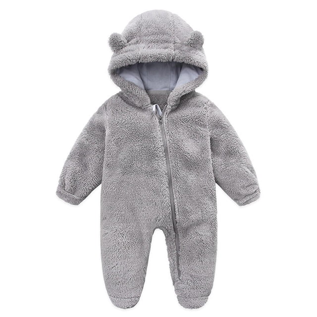 AherBiu Baby Girls Clothes Newborn Jumpsuits Hooded Fleece Zip up Infant Rompers in grey color. This baby bodysuit features a soft fleece material, a hood with bear ear accents, long sleeves, and full-length legs for warmth during fall and winter. The zip-up design ensures easy dressing, and the one-piece style provides comprehensive coverage for newborns, making it ideal for outdoor activities or lounging.