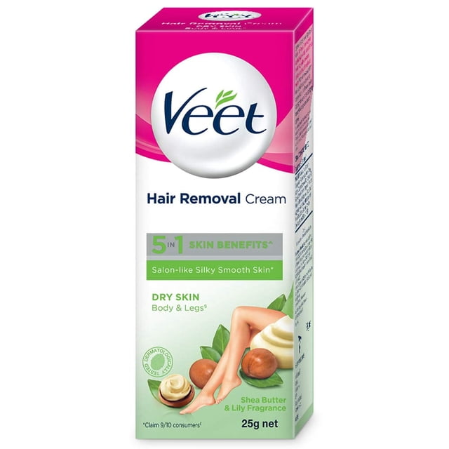 Veet Hair Removal Cream for Dry Skin, 25 g, enriched with shea butter and lily fragrance, designed for effective hair removal in 3-6 minutes. The packaging highlights its 5-in-1 skin benefits, including salon-like smoothness, and is suitable for body and legs. Dermatologically tested and ideal for dry skin.