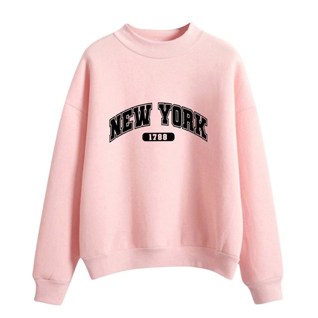 HNMKIU Women's Tops Autumn Winter O Neck Solid Color Printed Long Sleeve Pullover Sweatshirt