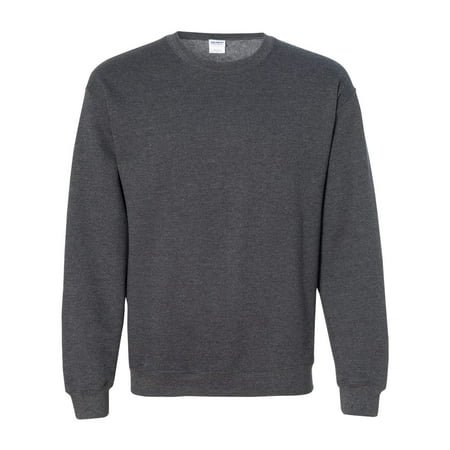 Gildan Heavy Blend™ Crewneck Sweatshirt 18000 in a dark grey color, designed for men, featuring a classic crewneck style with ribbed cuffs and hem. This men's sweatshirt is suitable for casual wear and layering during cooler weather.