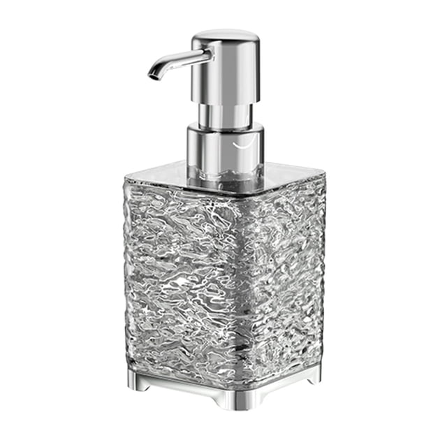 EGNMCR Bathroom Storage & Organization Foaming Soap Dispenser with a transparent textured plastic body and a silver pump. This refillable foam pump bottle is ideal for foaming hand soap, body wash, or other liquids. Compact size of 15.5x6.8x6.8 cm, perfect for modern bathroom or kitchen countertops.