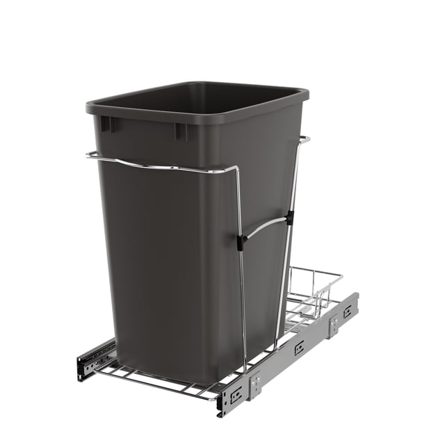 Rev-A-Shelf Pullout Trash Can 35 qt. for Kitchen Cabinets, Gray, RV-12KD-13C-S. A space-saving freestanding waste container with a gray finish, mounted on a heavy gauge metal wire frame with a 3-piece zinc plated full-extension ball-bearing slide system. Designed for 15-inch base cabinets with a minimum opening of 11.5 inches wide. Includes a removable rear basket for extra storage and accommodates standard 12-gallon trash bags, ideal for kitchen organization.