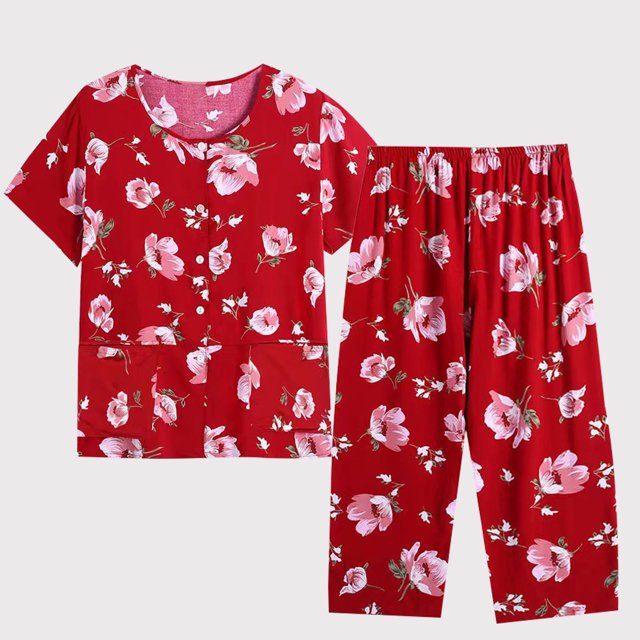 Wolfast Ensemble de Pyjama Court en Soie pour Femmes Été Décontracté Deux Pièces Pyjama Manches Courtes Col Rond Haut/chemise Ensemble Coton Soie Grande Taille Confortable Respirant Cardigan Bouton Poche