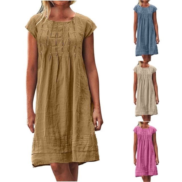 Meichang Robes d'Été pour Femmes Décontractées à Manches Courtes, Col Rond, Robe Plissée, Plage, Vacances, Coupe Ample, Longueur Genou, Robes Trapèze Mi-Longues, Robe Soleil