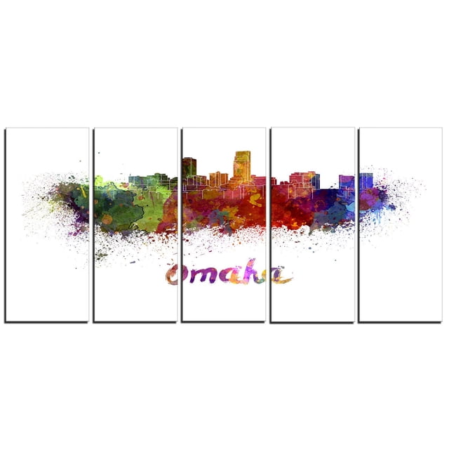 Design Art Omaha Skyline Canvas Print with five gallery wrapped cotton canvas panels displaying an abstract watercolor city skyline of Omaha. White outlines define the buildings over splashes of green, red, purple, and blue, with 'Omaha' in multicolored script below. Ready to hang with included hardware.
