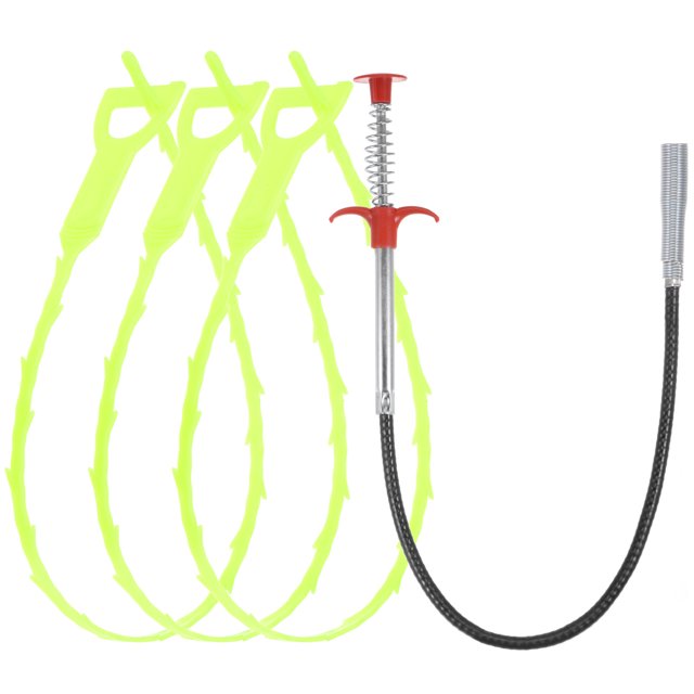 Unique Bargains Outil pour Enlever les Obstructions sur Drain 0,6 m, Déboucheur en Acier Inoxydable et 3 Pcs de Déboucheur en PP Vert