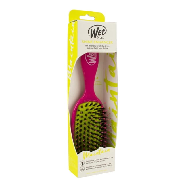 Wet Brush Shine Enhancer hairbrush with pink handle and green cushion featuring black IntelliFlex bristles with pink tips, in yellow and white packaging highlighting natural boar bristles that distribute hair's natural oils and gently detangle for enhanced shine and smoothness.