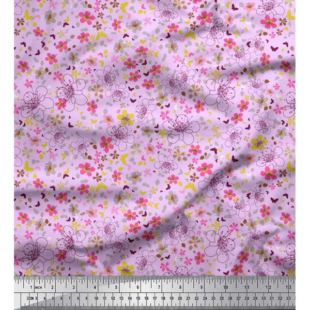 Soimoi Crepe Silk Fabric Leaves,Butterfly & Flower Print Sewing Fabric Yard 42 Inch Wide