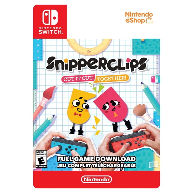 Switch Snipperclips - Cut it out, together! Nintendo Switch full game download cover showing two hands holding blue and red Joy-Con controllers with animated yellow and pink paper characters on a grid paper background with pencils, paintbrushes, and rulers, featuring Nintendo and Nintendo eShop logos.