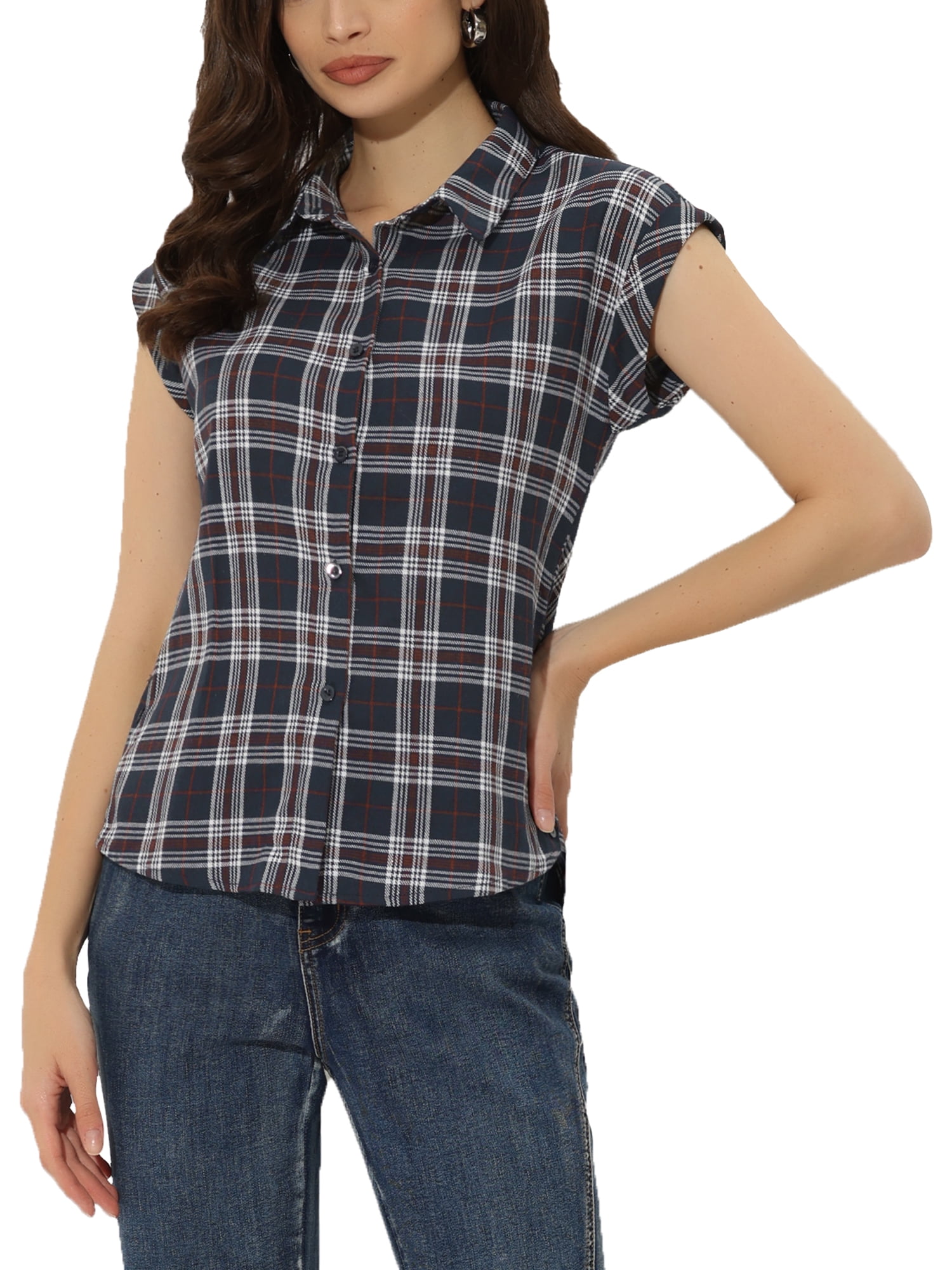 INSPIRE CHIC Women's Point Collar Short Cap Sleeves Plaids Button Down Shirt XL Navy Blue
