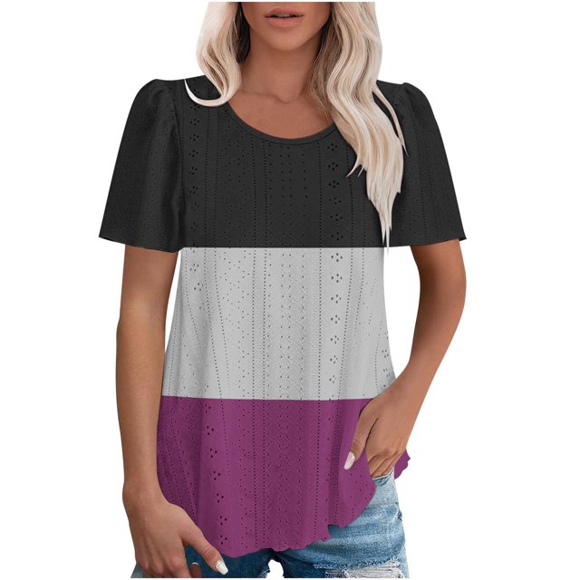 Plebaso Hauts pour Femmes Chemises à Oeillets à Blocs de Couleur Manches Courtes T-Shirts Amples Décontractés Col Rond Blouses Tendance