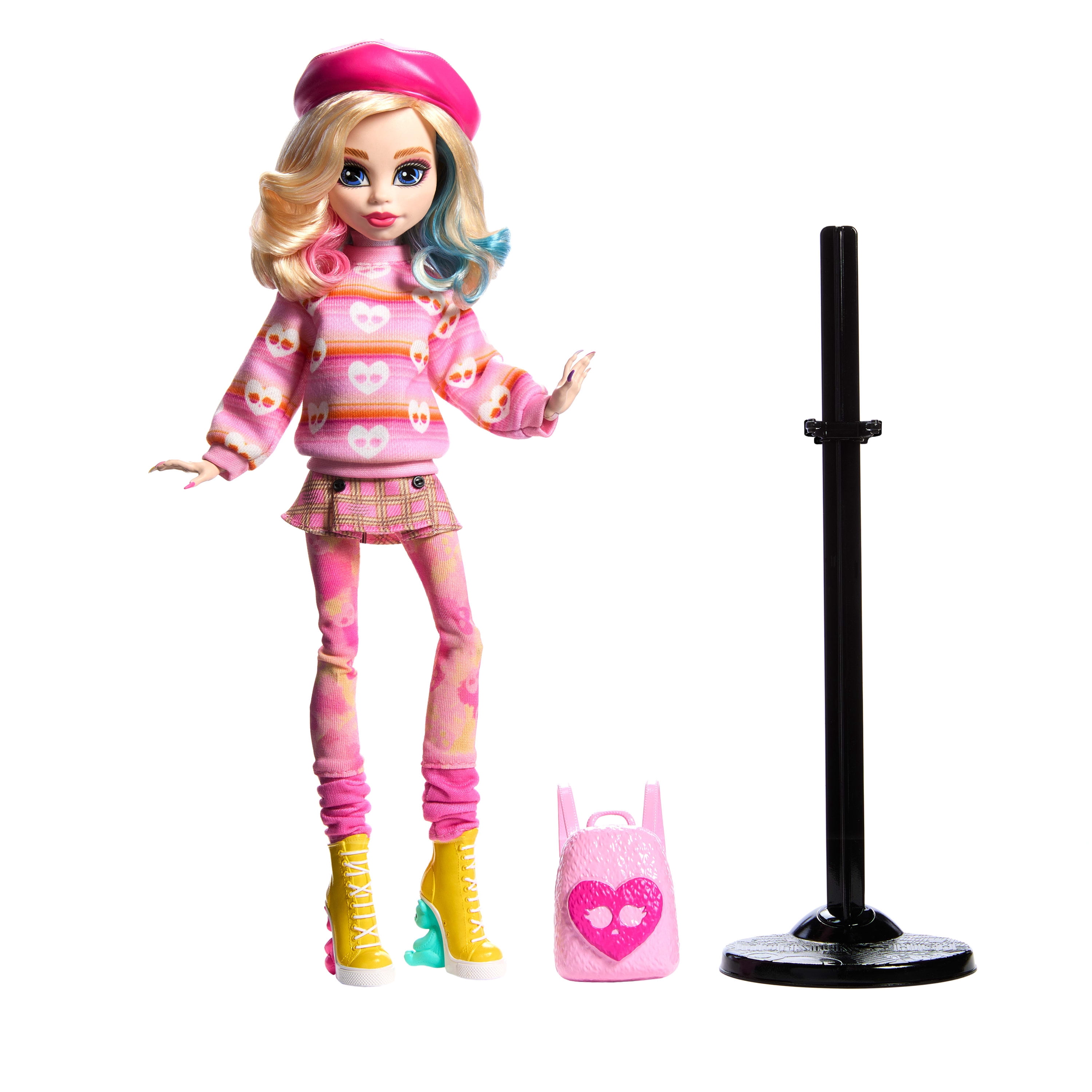 Monster High Enid Sinclair Poupée à collectionner dans une tenue rose avec béret et sac à dos, socle pour poupée