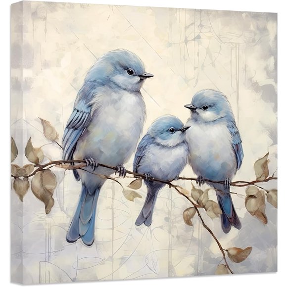 ZHONGYUTONG Bathroom Wall Art Bird Canvas Prints Blue Gray Birds Family Standing on Branch Painting Animal Pictures Artwork Home Decor for Bedroom (28.00" x 28.00")